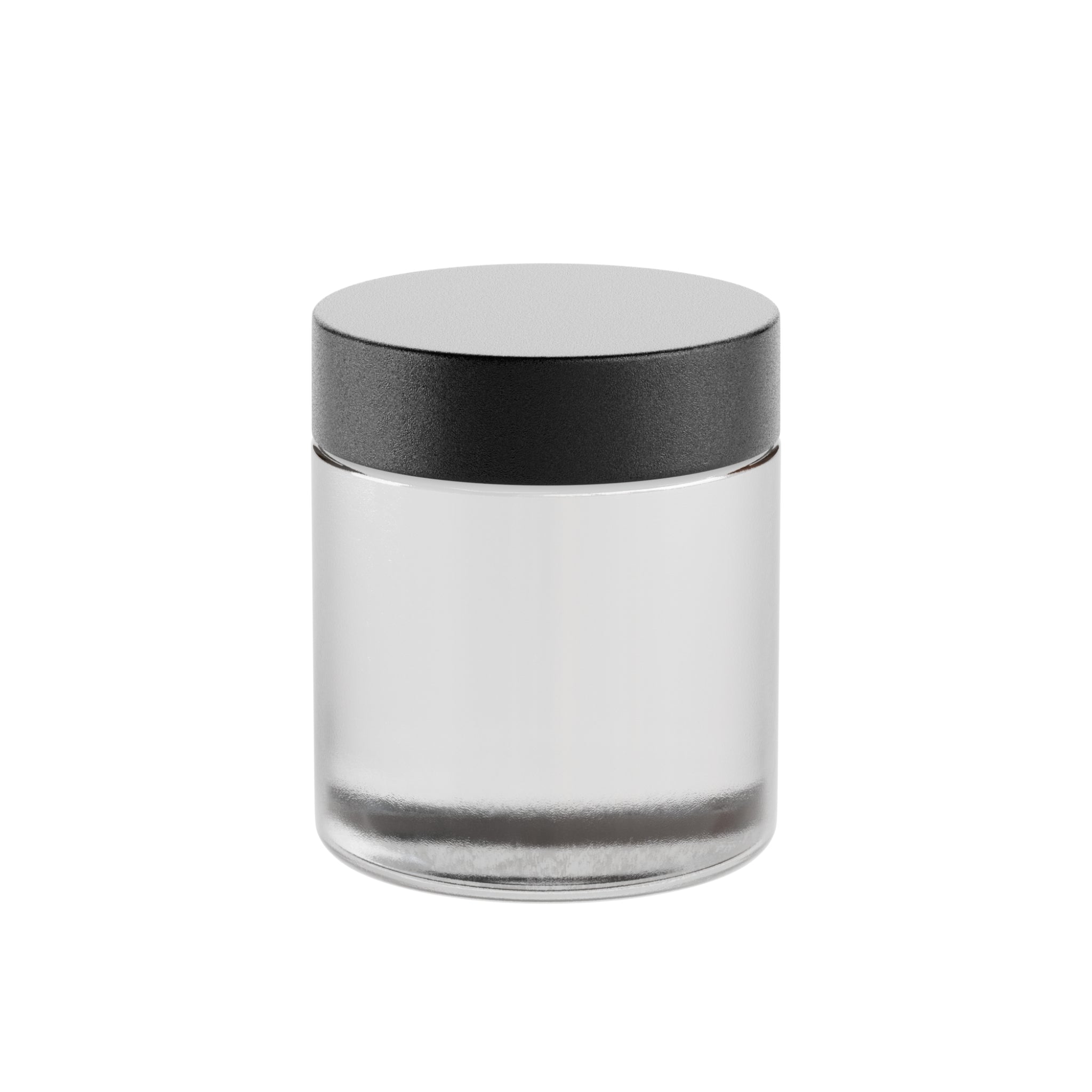 A render of a clear Vert Premium 3oz Glass Flower Jar with a black child resistant lid fastened and standing upright