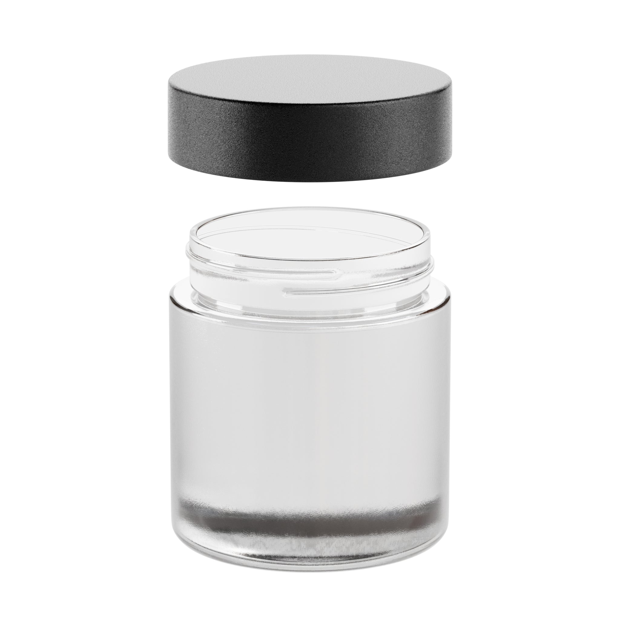 A render of a clear Vert Premium 3oz Glass Flower Jar with a black child resistant lid raised slightly above the jar