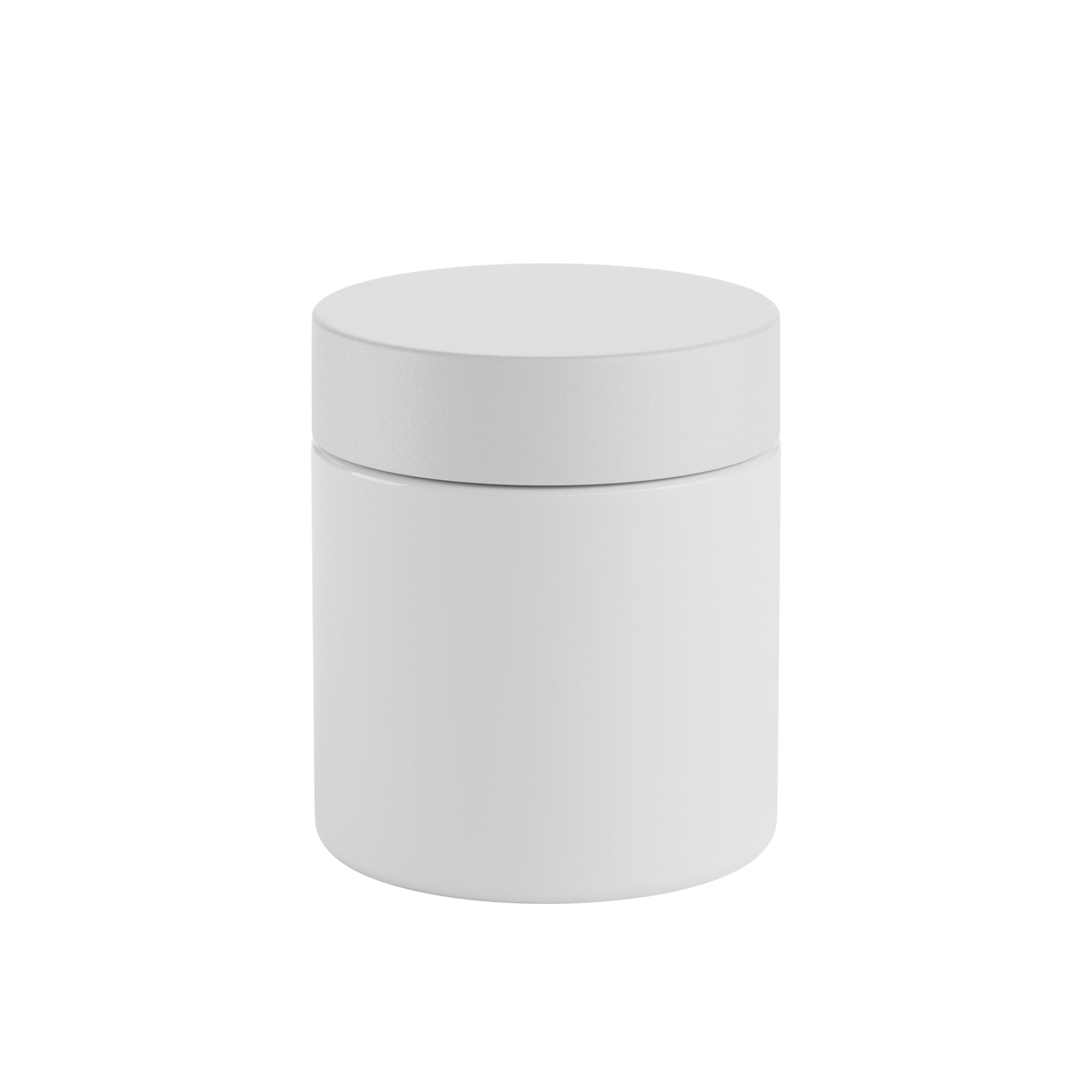 A render of a white Vert Premium 3oz Glass Flower Jar with a white child resistant lid fastened and standing upright