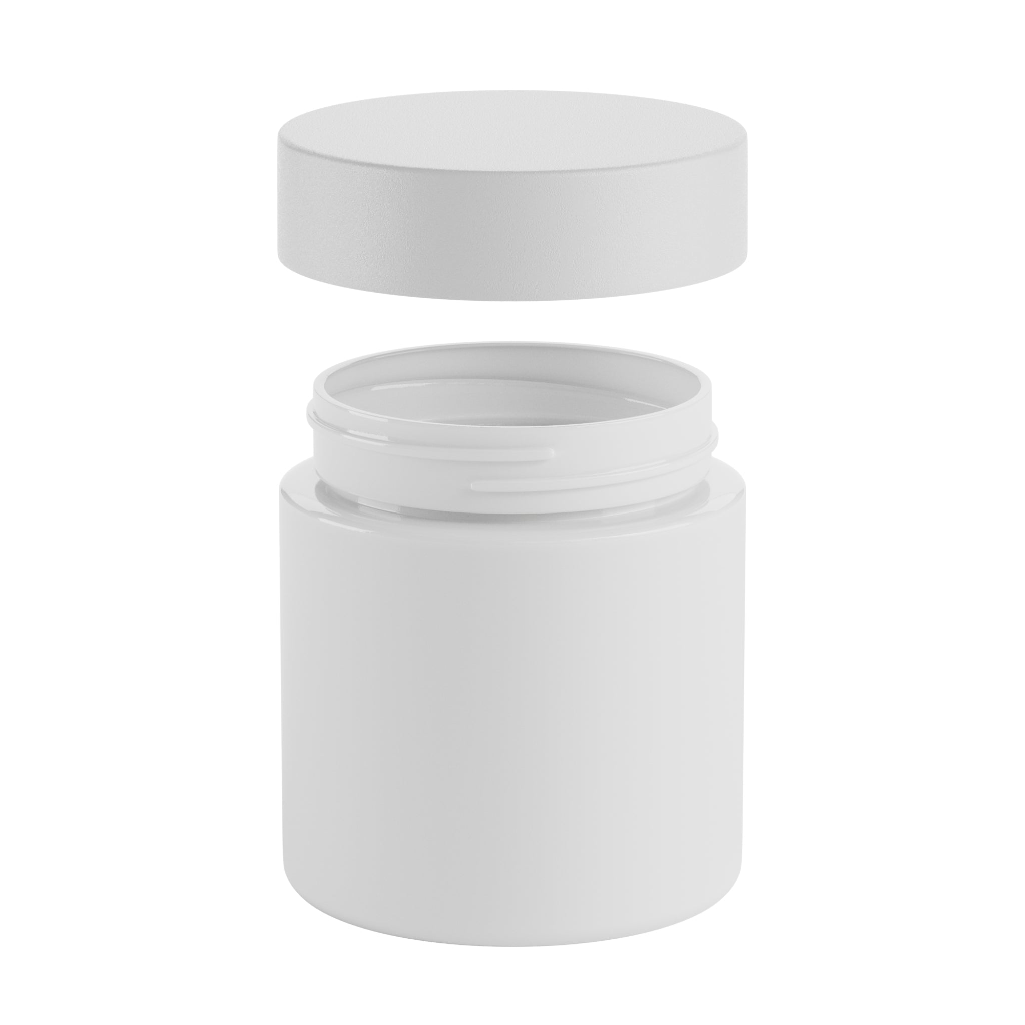 A render of a white Vert Premium 3oz Glass Flower Jar with a white child resistant lid raised slightly above the jar