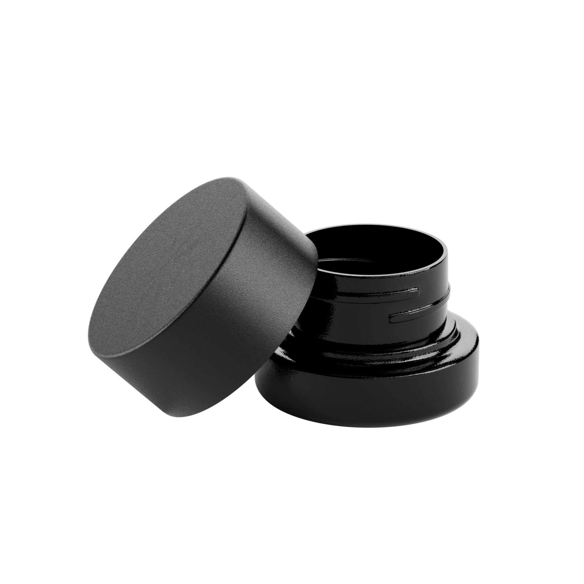 A render of a black Vert Premium 5ml Glass Concentrate Jar with a black child resistant lid resting loosely on the edge of the jar