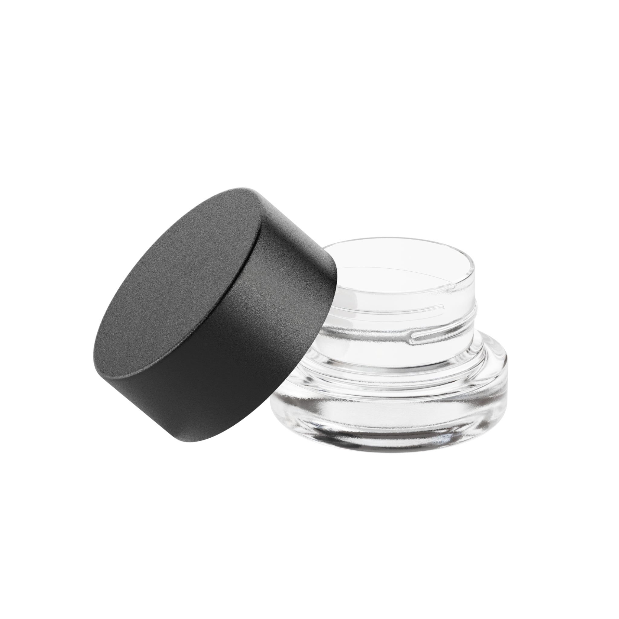 A render of a clear Vert Premium 5ml Glass Concentrate Jar with a black child resistant lid resting loosely on the edge of the jar