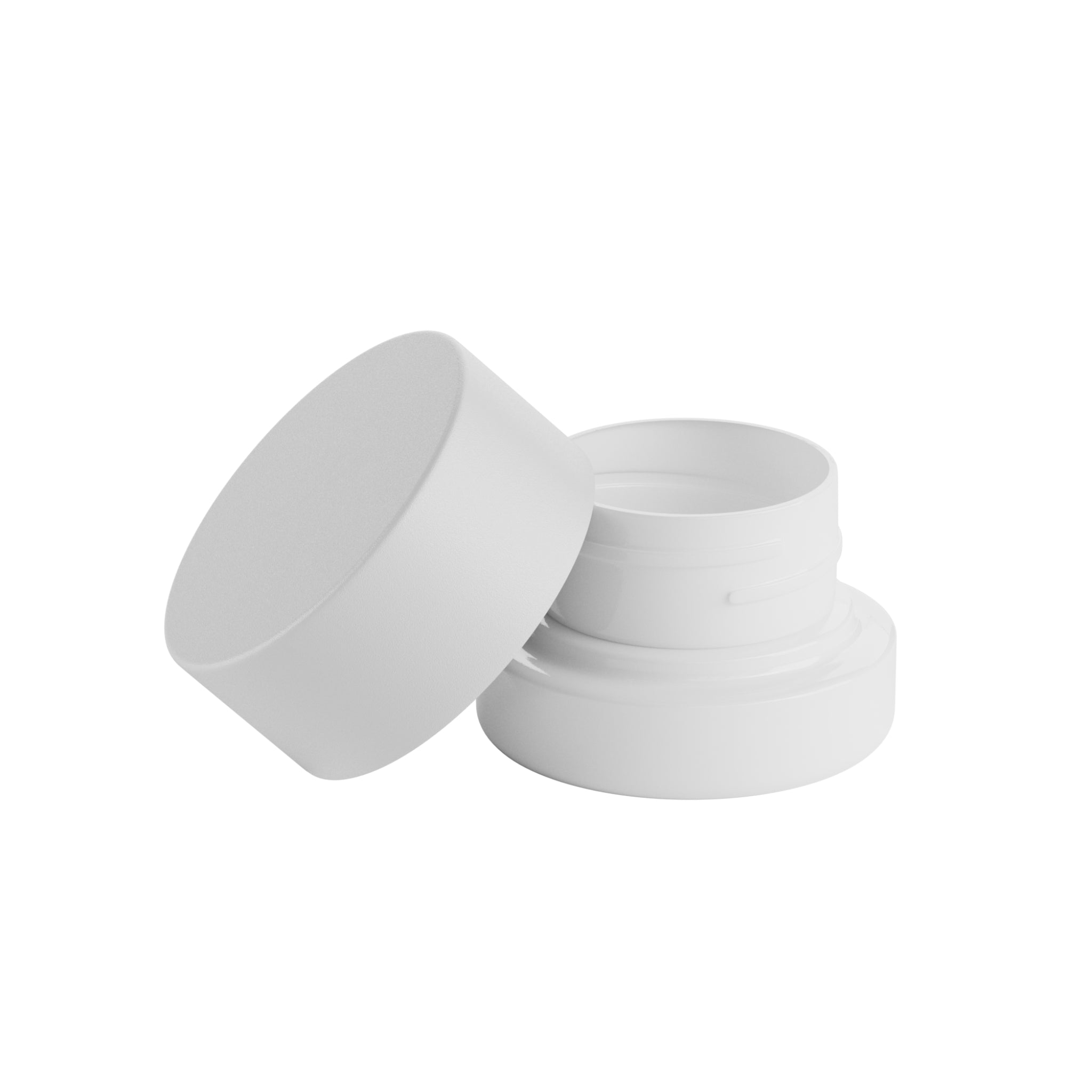 A render of a white Vert Premium 5ml Glass Concentrate Jar with a white child resistant lid resting loosely on the edge of the jar