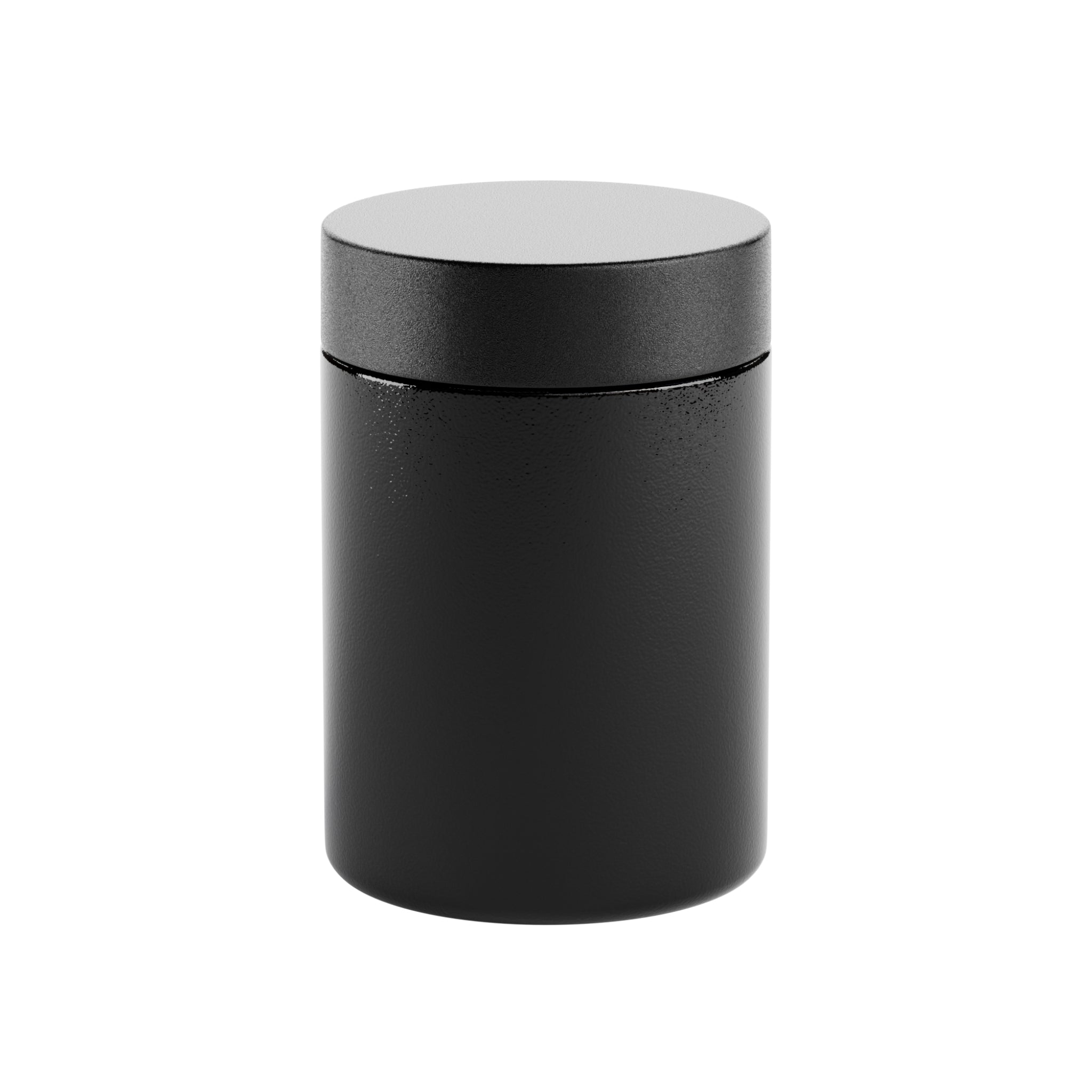 A render of a black Vert Premium 5oz Glass Flower Jar with a black child resistant lid fastened and standing upright