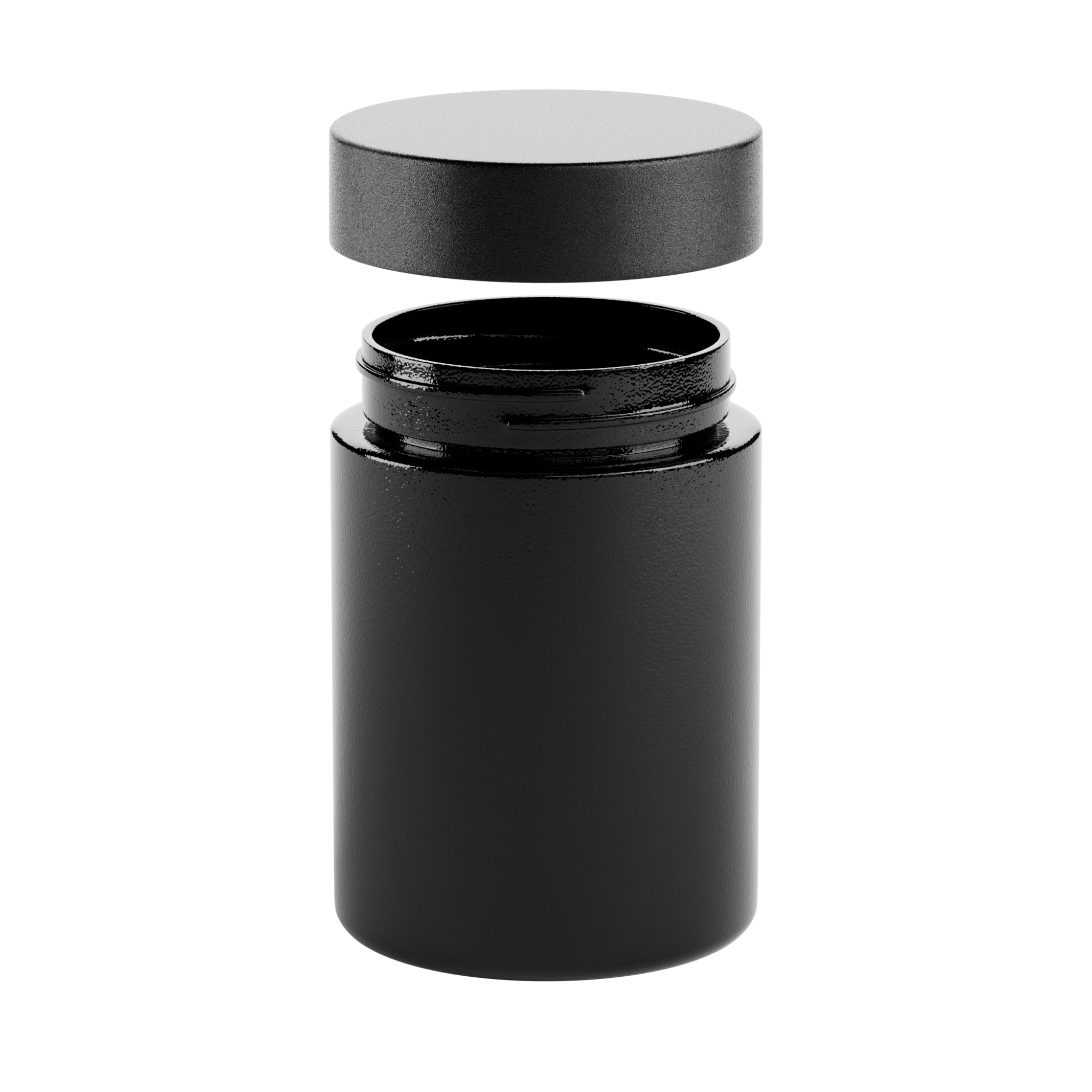 A render of a black Vert Premium 5oz Glass Flower Jar with a black child resistant lid raised slightly above the jar