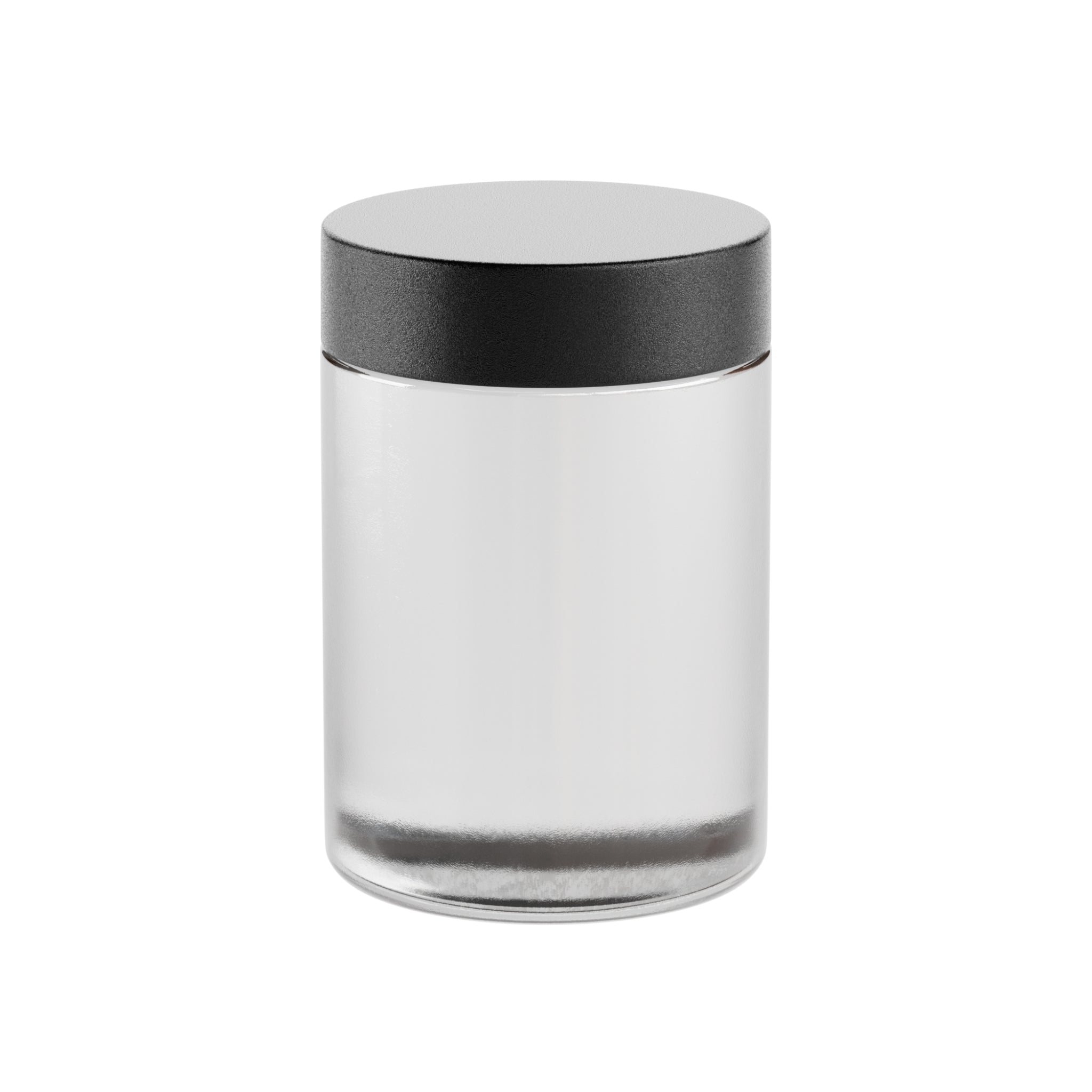 A render of a clear Vert Premium 5oz Glass Flower Jar with a black child resistant lid fastened and standing upright