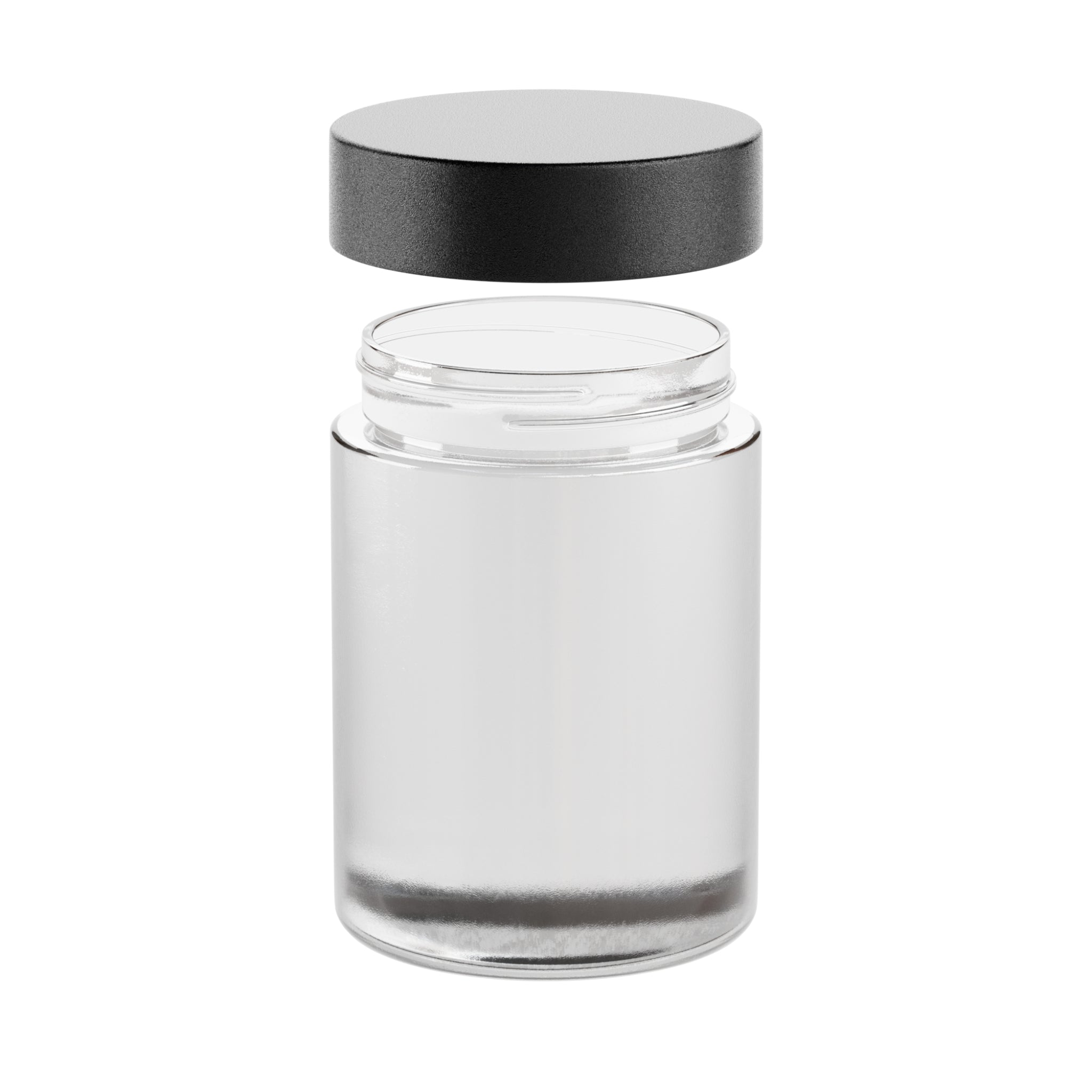 A render of a clear Vert Premium 5oz Glass Flower Jar with a black child resistant lid raised slightly above the jar