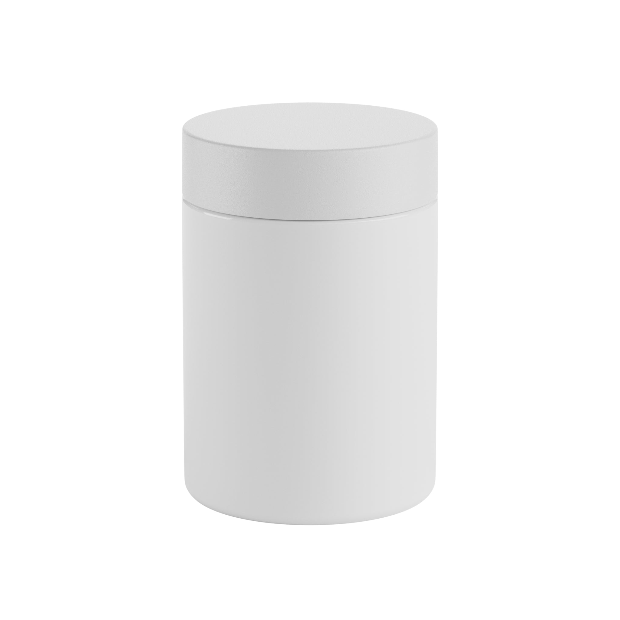 A render of a white Vert Premium 5oz Glass Flower Jar with a white child resistant lid fastened and standing upright