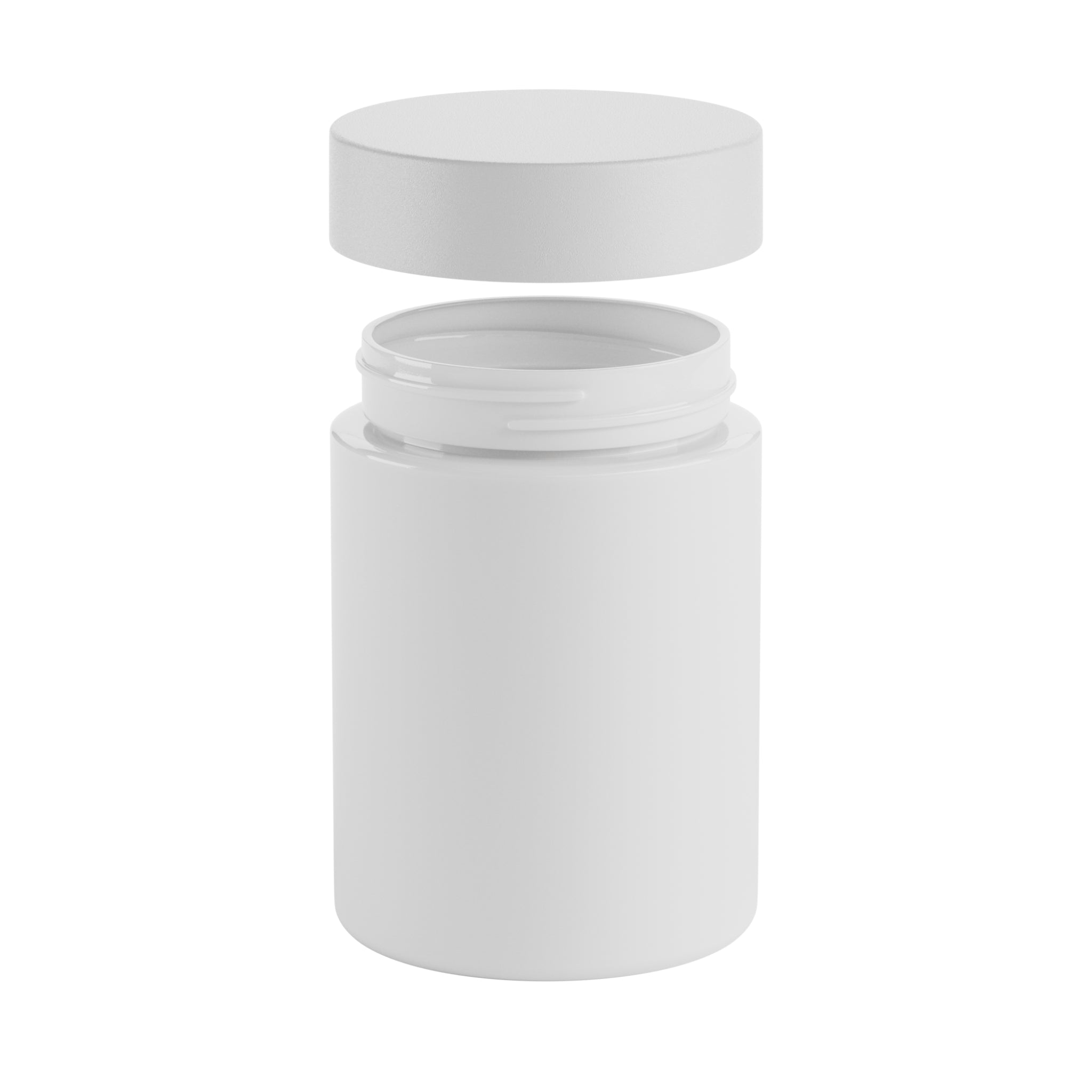 A render of a white Vert Premium 5oz Glass Flower Jar with a white child resistant lid raised slightly above the jar