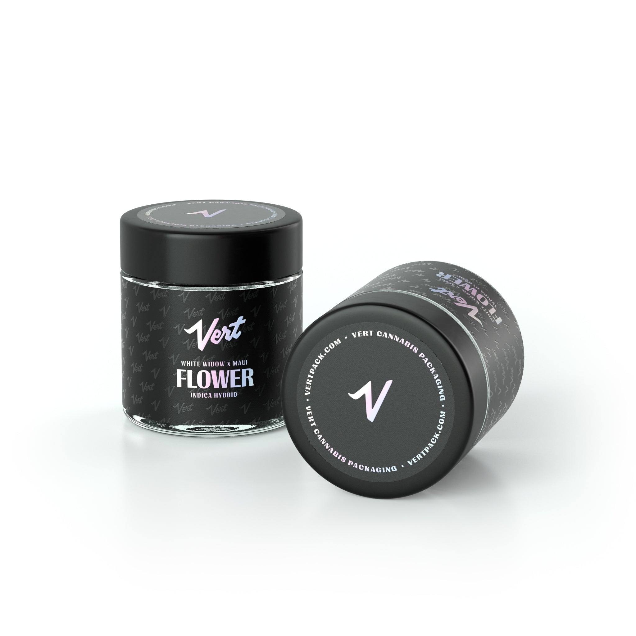 A render of two label-wrapped, and Vert branded Vert Premium 3oz Glass Flower Jars showing the metallic effects on the packaging